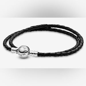 Pandora Moments Double Black Leather Bracelet. Size 20cm